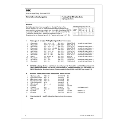 2022/2023年德国IHK冬季期末考试 机械技术专业人员（装配技术） (0716) 物料套件 半成品/标准件